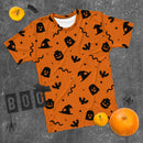 Oranges gruseliges T-Shirt mit Geist, Fledermaus, Kürbis, Hexe und Schlange, Halloween-Ziegel, Minifigurenteile, Herren
