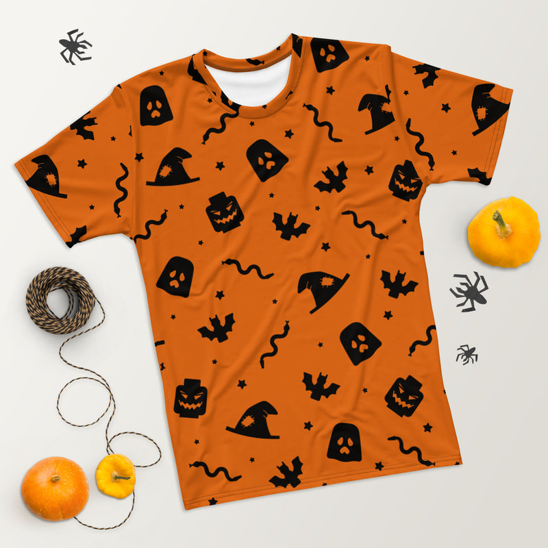 Orange Spooky Ghost, Bat, Pumpkin, Witch, Snake Halloween Brick Minifigure Parts Mens T-Shirt