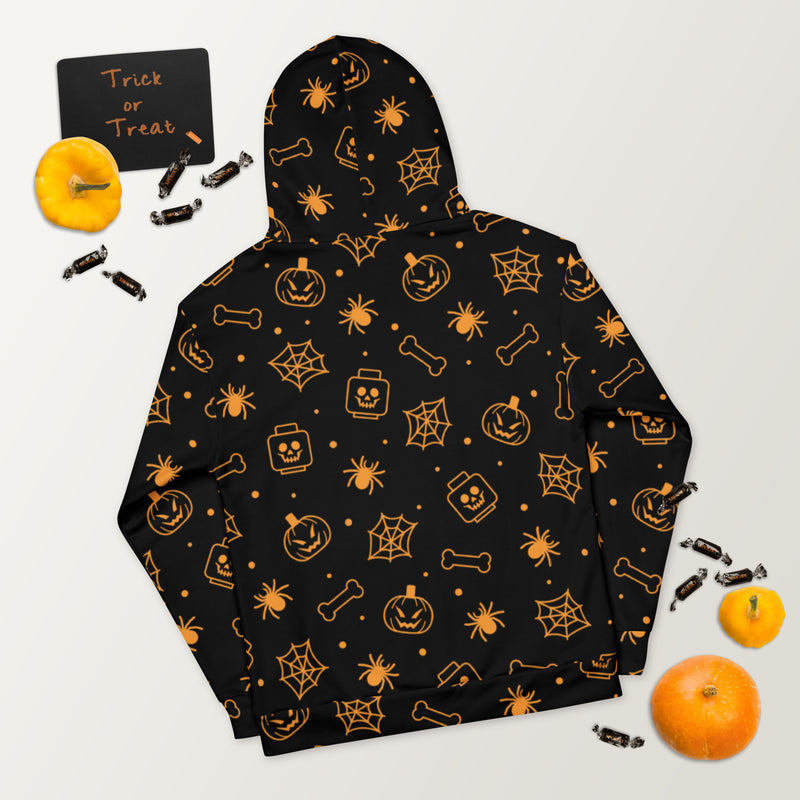 Black Spooky Skeleton, Spider, Pumpkin Halloween Brick Minifigure Parts Unisex Hoodie
