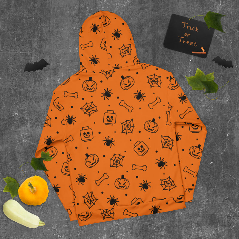 Orange Spooky Skeleton, Spider, Pumpkin Halloween Brick Minifigure Parts Unisex Hoodie