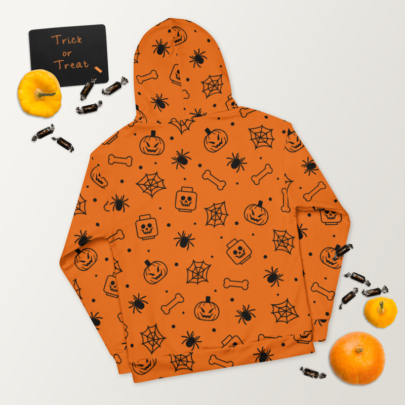 Orange Spooky Skeleton, Spider, Pumpkin Halloween Brick Minifigure Parts Unisex Hoodie