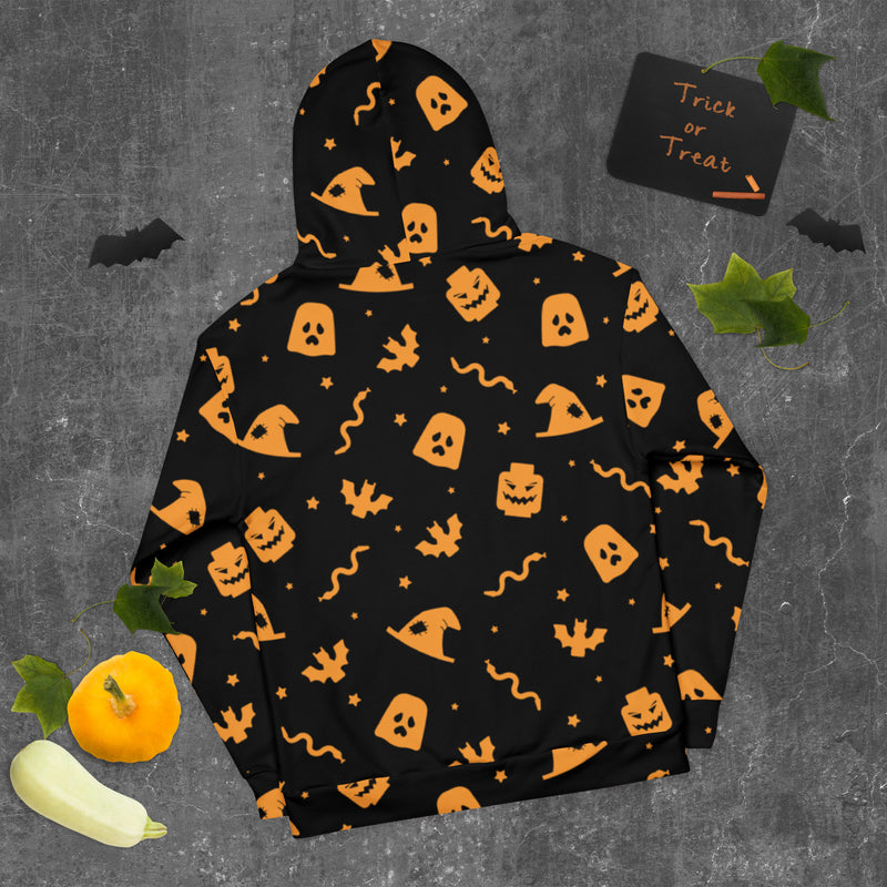 Black Spooky Ghost, Bat, Pumpkin, Witch, Snake Halloween Brick Minifigure Parts Unisex Hoodie