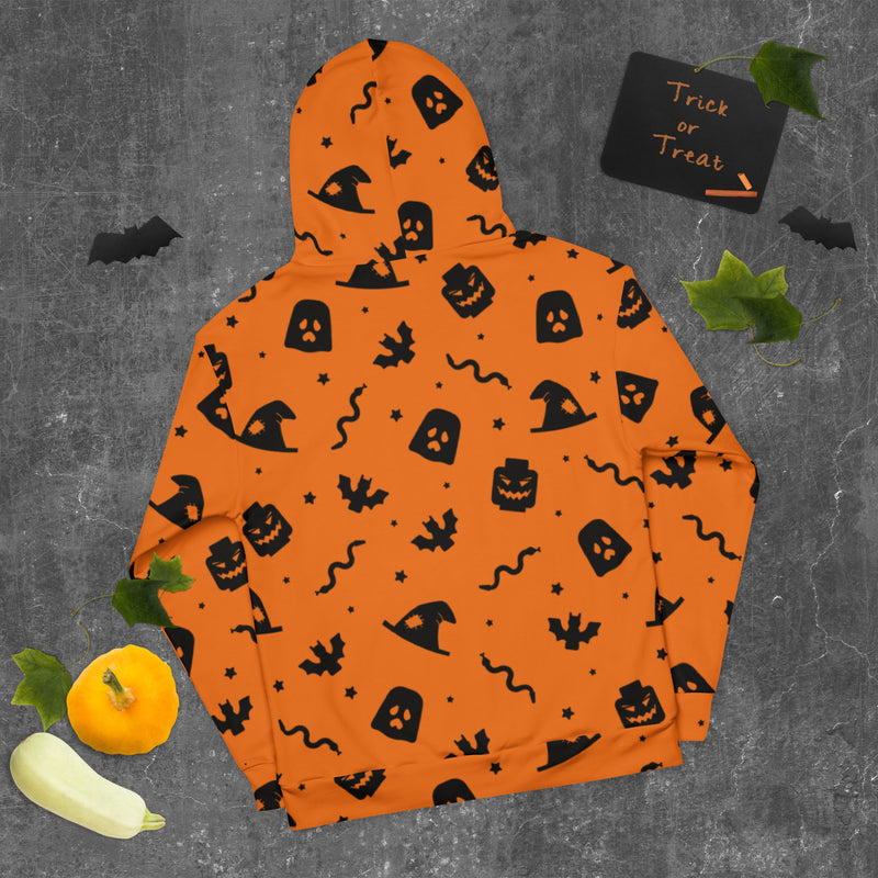 Orange Spooky Ghost, Bat, Pumpkin, Witch, Snake Halloween Brick Minifigure Parts Unisex Hoodie