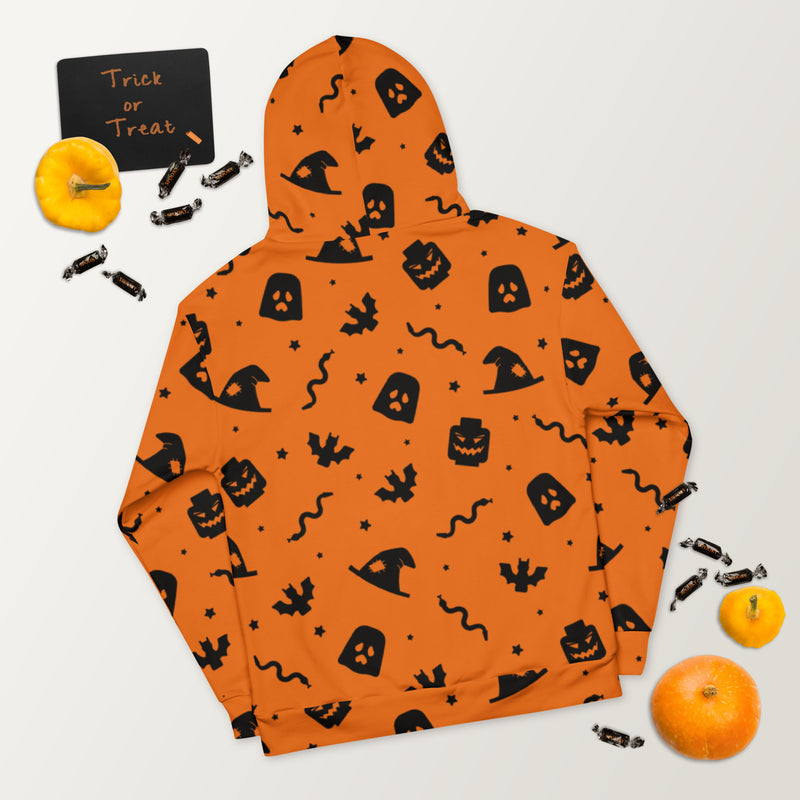 Orange Spooky Ghost, Bat, Pumpkin, Witch, Snake Halloween Brick Minifigure Parts Unisex Hoodie