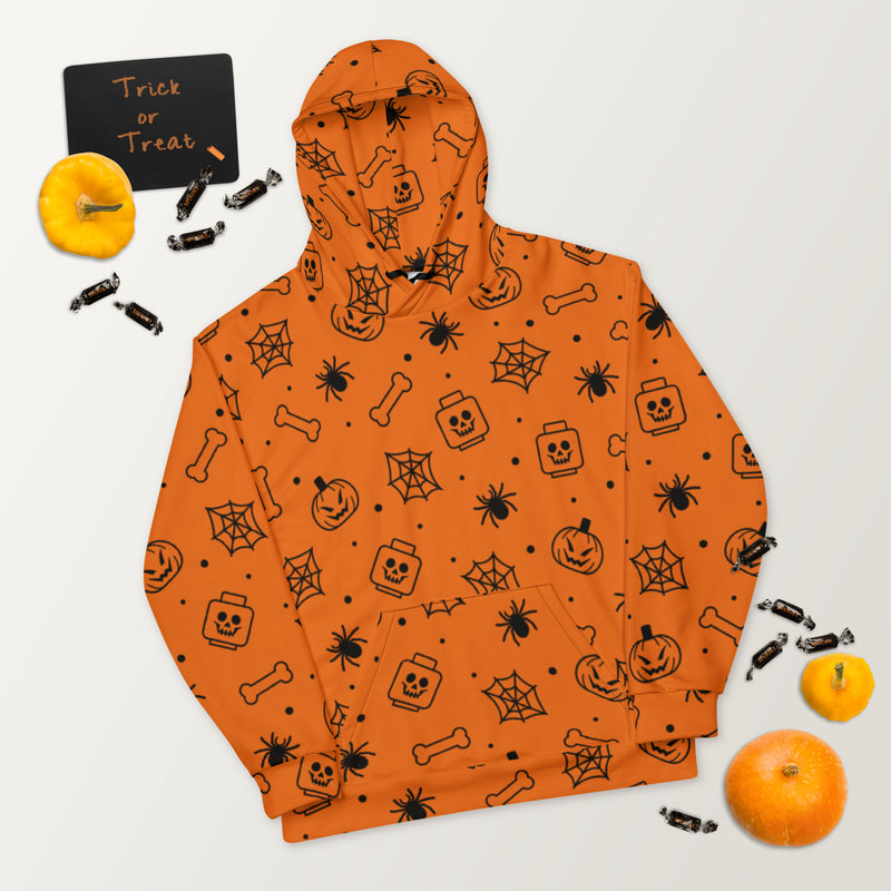 Orange Spooky Skeleton, Spider, Pumpkin Halloween Brick Minifigure Parts Unisex Hoodie