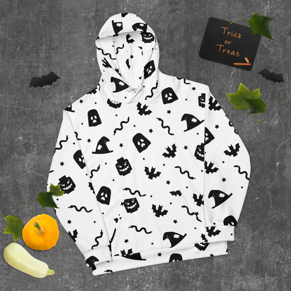 White Spooky Ghost, Bat, Pumpkin, Witch, Snake Halloween Brick Minifigure Parts Unisex Hoodie