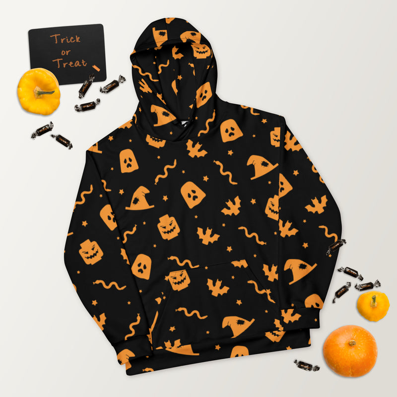 Black Spooky Ghost, Bat, Pumpkin, Witch, Snake Halloween Brick Minifigure Parts Unisex Hoodie