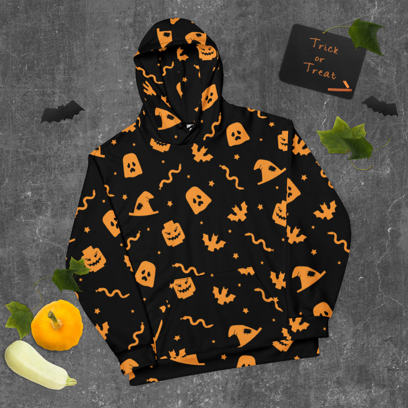 Black Spooky Ghost, Bat, Pumpkin, Witch, Snake Halloween Brick Minifigure Parts Unisex Hoodie