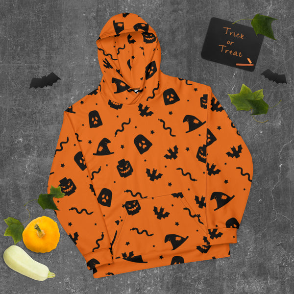 Orange Spooky Ghost, Bat, Pumpkin, Witch, Snake Halloween Brick Minifigure Parts Unisex Hoodie