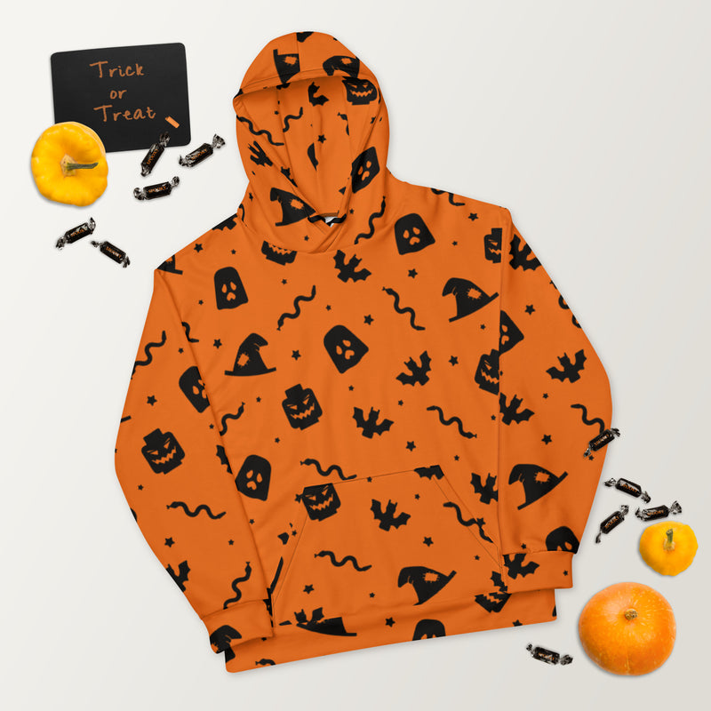 Orange Spooky Ghost, Bat, Pumpkin, Witch, Snake Halloween Brick Minifigure Parts Unisex Hoodie