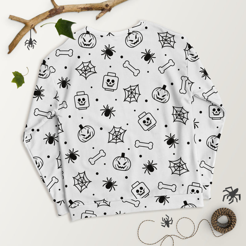 White Spooky Skeleton, Spider, Pumpkin Halloween Brick Minifigure Parts Unisex Sweatshirt