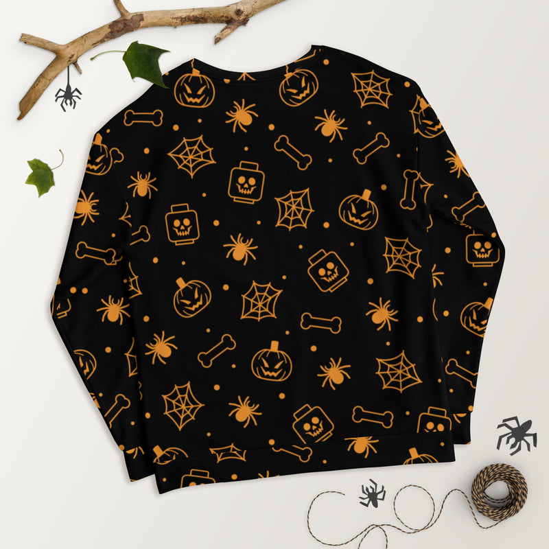 Black Spooky Skeleton, Spider, Pumpkin Halloween Brick Minifigure Parts Unisex Sweatshirt