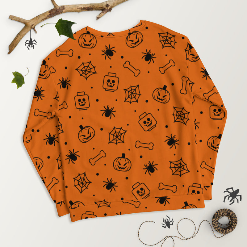 Orange Spooky Skeleton, Spider, Pumpkin Halloween Brick Minifigure Parts Unisex Sweatshirt