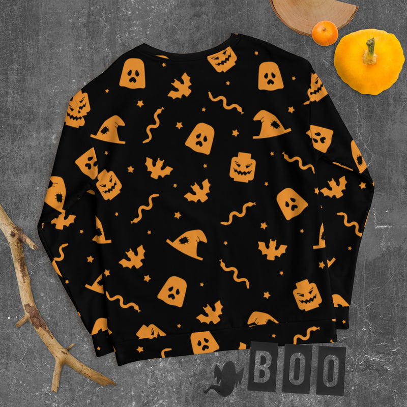 Black Spooky Ghost, Bat, Pumpkin, Witch, Snake Halloween Brick Minifigure Parts Unisex Sweatshirt