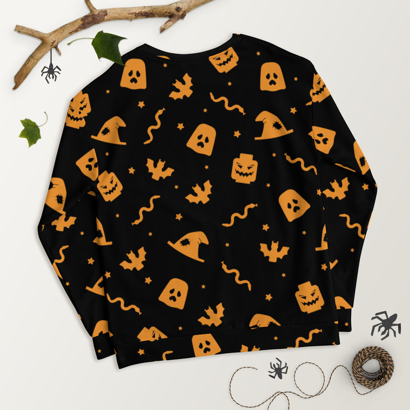 Black Spooky Ghost, Bat, Pumpkin, Witch, Snake Halloween Brick Minifigure Parts Unisex Sweatshirt