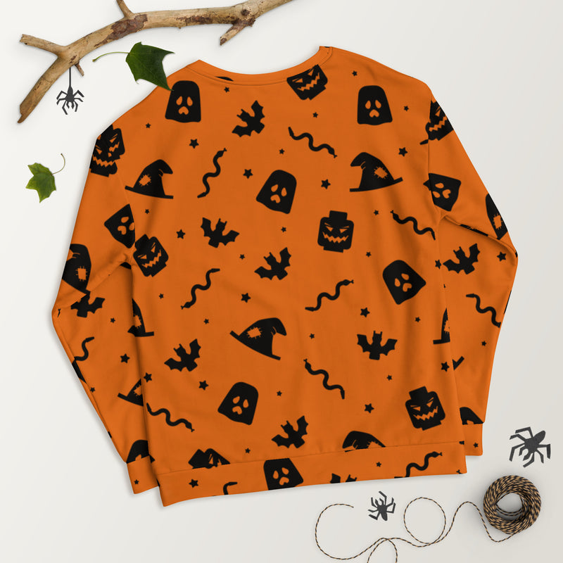 Orange Spooky Ghost, Bat, Pumpkin, Witch, Snake Halloween Brick Minifigure Parts Unisex Sweatshirt