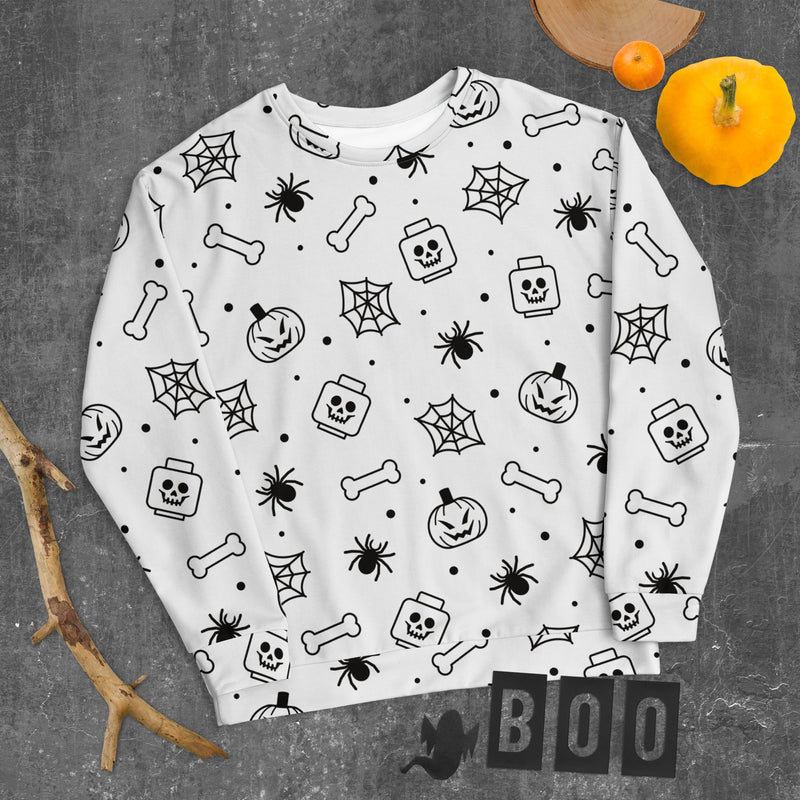 White Spooky Skeleton, Spider, Pumpkin Halloween Brick Minifigure Parts Unisex Sweatshirt
