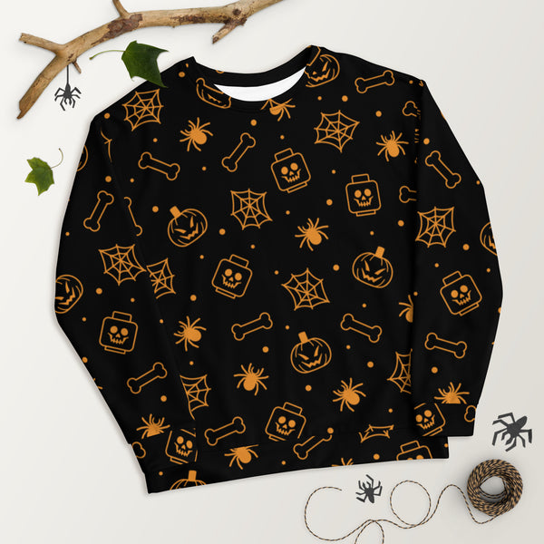 Black Spooky Skeleton, Spider, Pumpkin Halloween Brick Minifigure Parts Unisex Sweatshirt