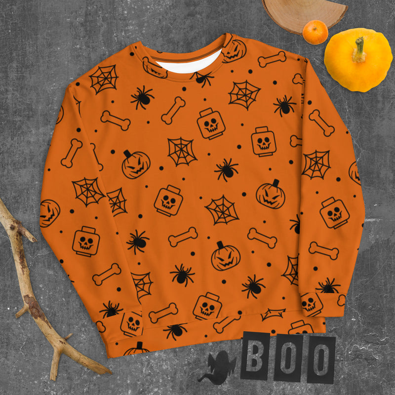 Orange Spooky Skeleton, Spider, Pumpkin Halloween Brick Minifigure Parts Unisex Sweatshirt