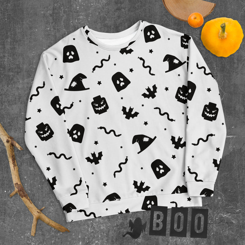 White Spooky Ghost, Bat, Pumpkin, Witch, Snake Halloween Brick Minifigure Parts Unisex Sweatshirt