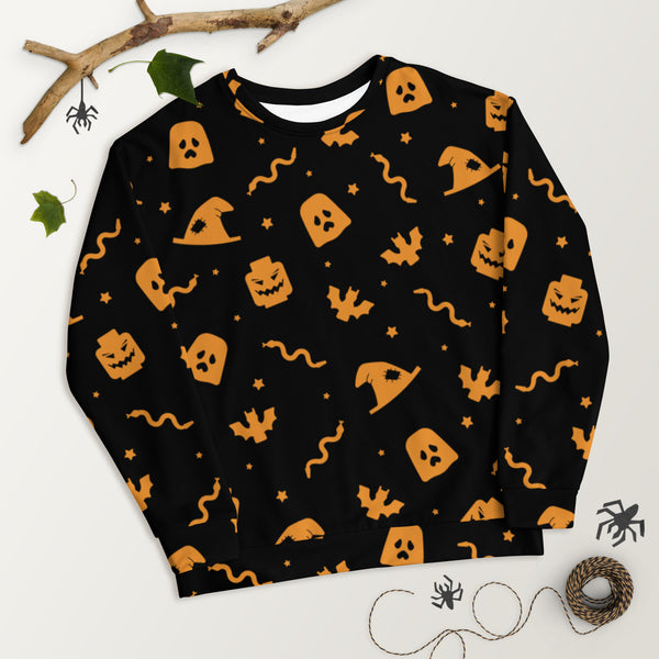 Black Spooky Ghost, Bat, Pumpkin, Witch, Snake Halloween Brick Minifigure Parts Unisex Sweatshirt