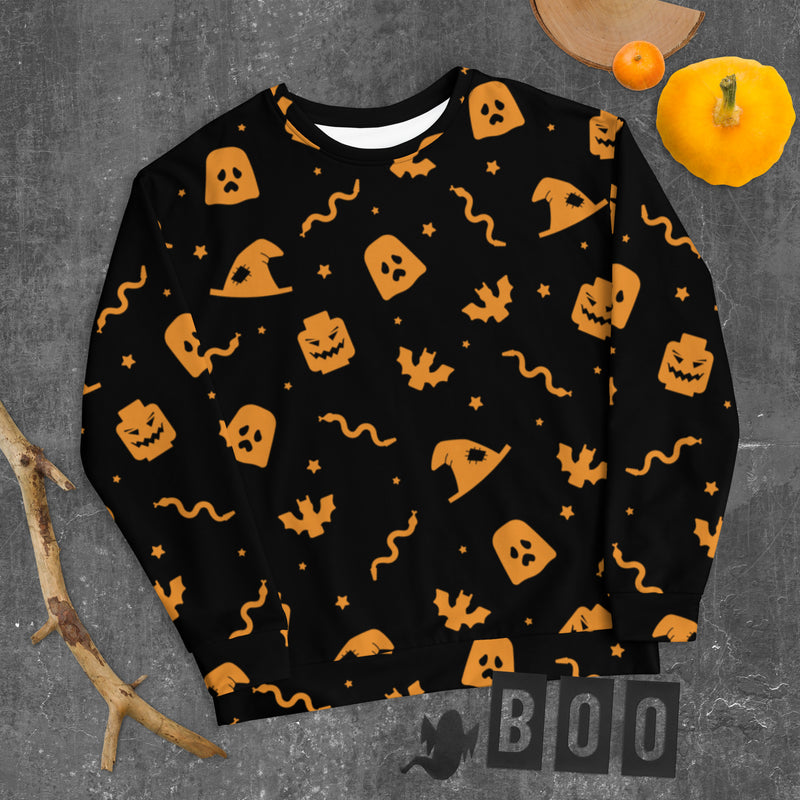 Black Spooky Ghost, Bat, Pumpkin, Witch, Snake Halloween Brick Minifigure Parts Unisex Sweatshirt