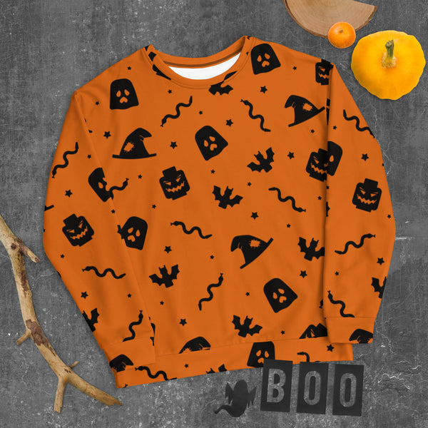 Orange Spooky Ghost, Bat, Pumpkin, Witch, Snake Halloween Brick Minifigure Parts Unisex Sweatshirt