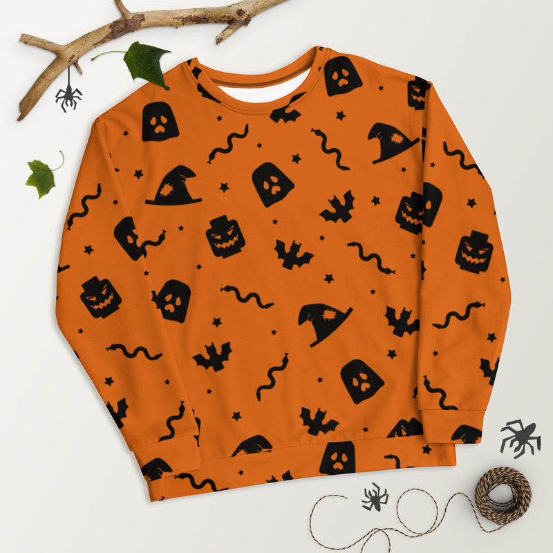 Orange Spooky Ghost, Bat, Pumpkin, Witch, Snake Halloween Brick Minifigure Parts Unisex Sweatshirt