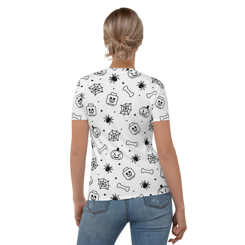 White Spooky Skeleton, Spider, Pumpkin Halloween Brick Minifigure Parts Women's T-Shirt