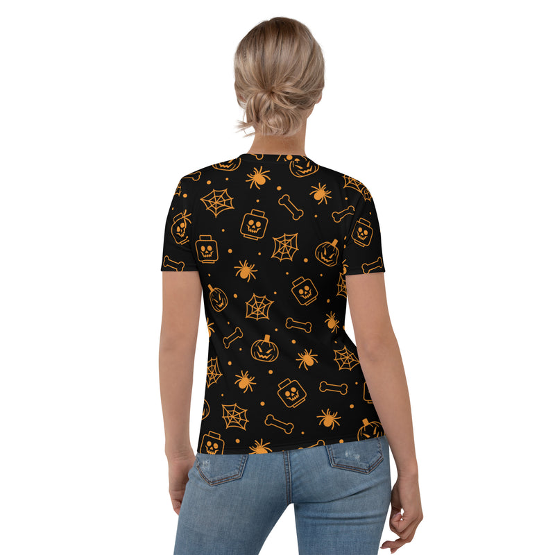 Black Spooky Skeleton, Spider, Pumpkin Halloween Brick Minifigure Parts Women's T-Shirt