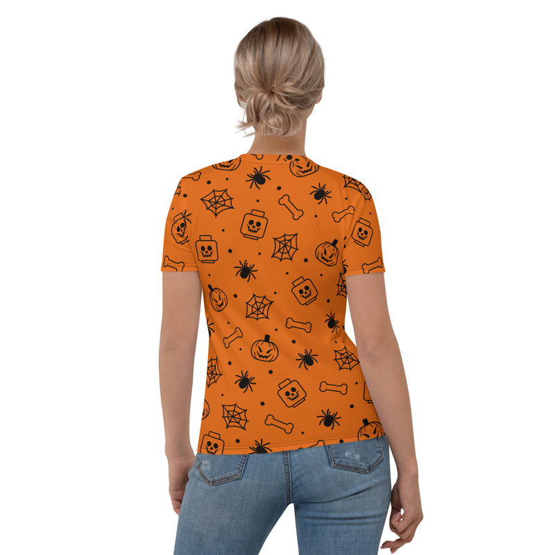 Orange Spooky Skeleton, Spider, Pumpkin Halloween Brick Minifigure Parts Women's T-Shirt