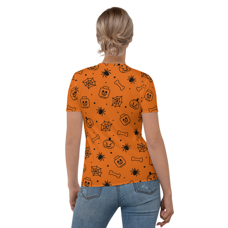 Orange Spooky Skeleton, Spider, Pumpkin Halloween Brick Minifigure Parts Women's T-Shirt