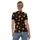 Schwarzes gruseliges Damen-T-Shirt mit Geist, Fledermaus, Kürbis, Hexe und Schlange, Halloween-Ziegel, Minifigurenteile