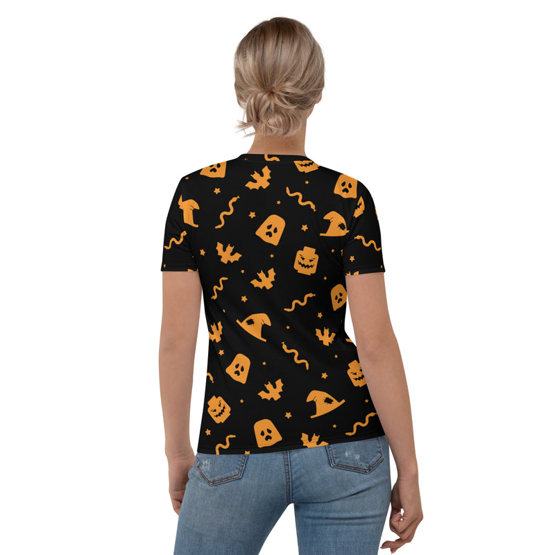 Black Spooky Ghost, Bat, Pumpkin, Witch, Snake Halloween Brick Minifigure Parts Women's T-Shirt