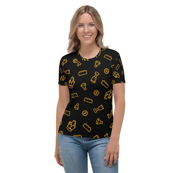 Custom Building Bricks Parts Treasure All-Over Print Women's Crew Neck T-Shirt Black