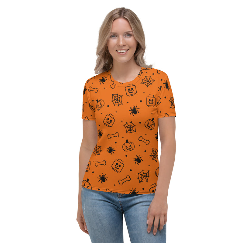 Orange Spooky Skeleton, Spider, Pumpkin Halloween Brick Minifigure Parts Women's T-Shirt