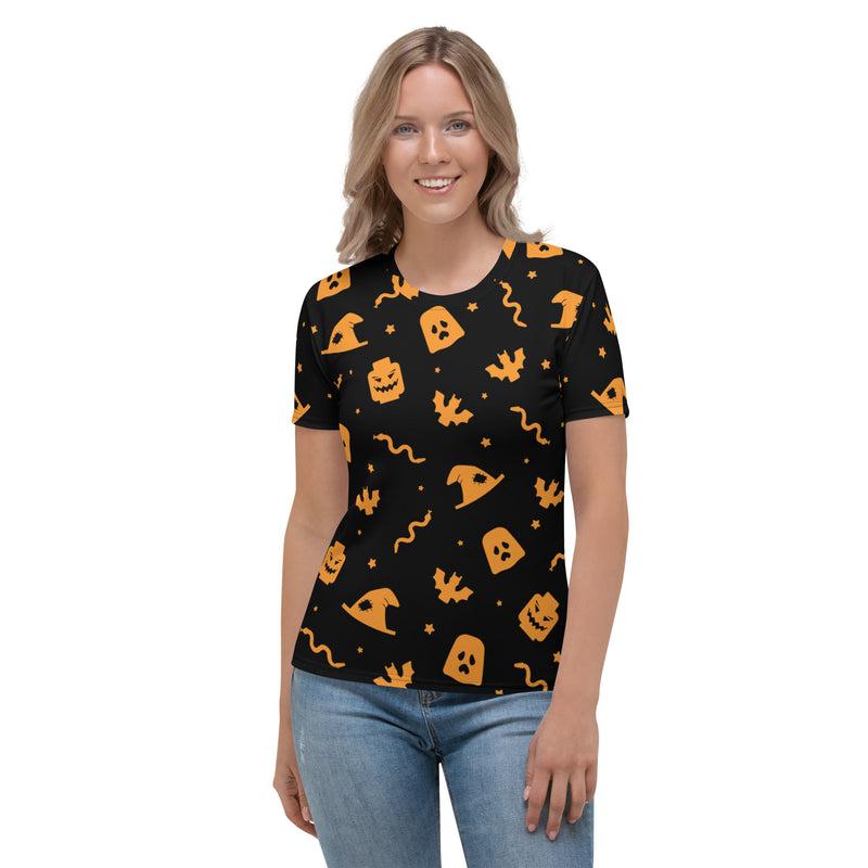 Black Spooky Ghost, Bat, Pumpkin, Witch, Snake Halloween Brick Minifigure Parts Women's T-Shirt