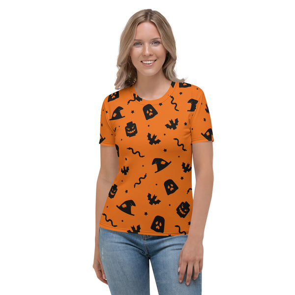 Orange Spooky Ghost, Bat, Pumpkin, Witch, Snake Halloween Brick Minifigure Parts Women's T-Shirt