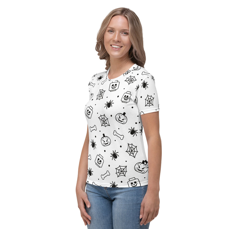White Spooky Skeleton, Spider, Pumpkin Halloween Brick Minifigure Parts Women's T-Shirt