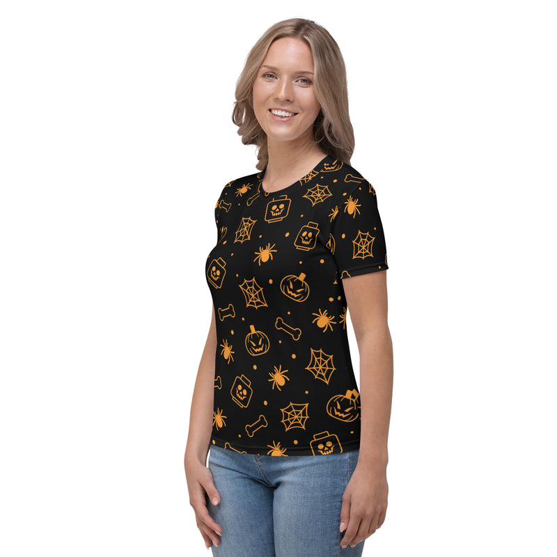 Black Spooky Skeleton, Spider, Pumpkin Halloween Brick Minifigure Parts Women's T-Shirt