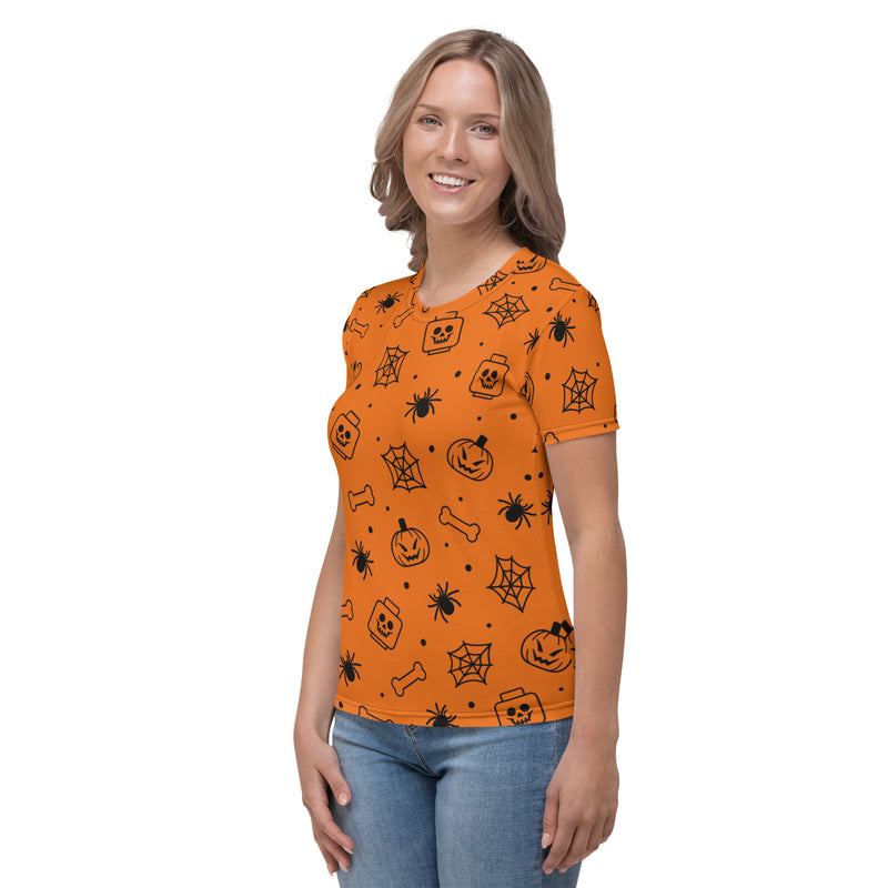 Orange Spooky Skeleton, Spider, Pumpkin Halloween Brick Minifigure Parts Women's T-Shirt
