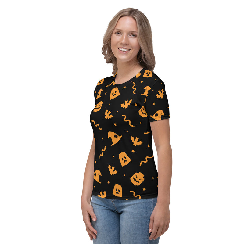 Black Spooky Ghost, Bat, Pumpkin, Witch, Snake Halloween Brick Minifigure Parts Women's T-Shirt