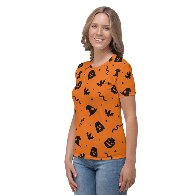 Orange Spooky Ghost, Bat, Pumpkin, Witch, Snake Halloween Brick Minifigure Parts Women's T-Shirt