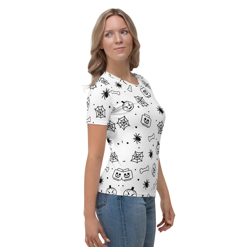 White Spooky Skeleton, Spider, Pumpkin Halloween Brick Minifigure Parts Women's T-Shirt