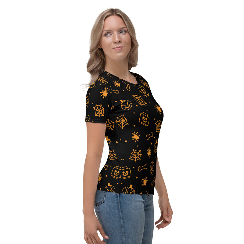 Black Spooky Skeleton, Spider, Pumpkin Halloween Brick Minifigure Parts Women's T-Shirt
