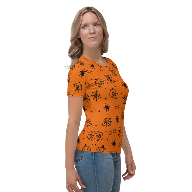 Orange Spooky Skeleton, Spider, Pumpkin Halloween Brick Minifigure Parts Women's T-Shirt