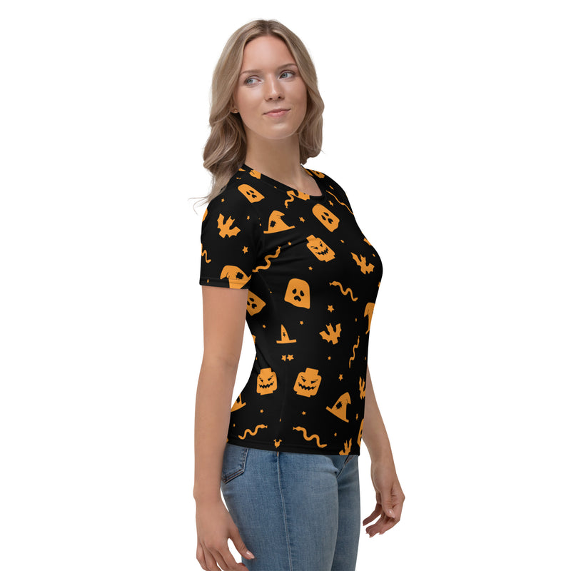 Black Spooky Ghost, Bat, Pumpkin, Witch, Snake Halloween Brick Minifigure Parts Women's T-Shirt