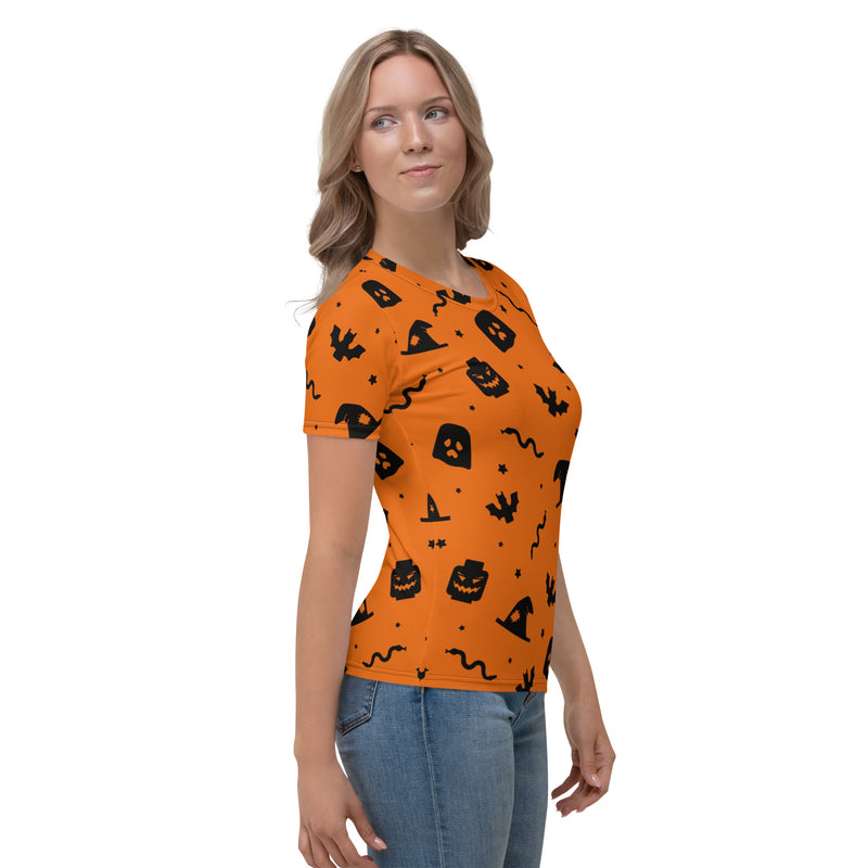 Orange Spooky Ghost, Bat, Pumpkin, Witch, Snake Halloween Brick Minifigure Parts Women's T-Shirt