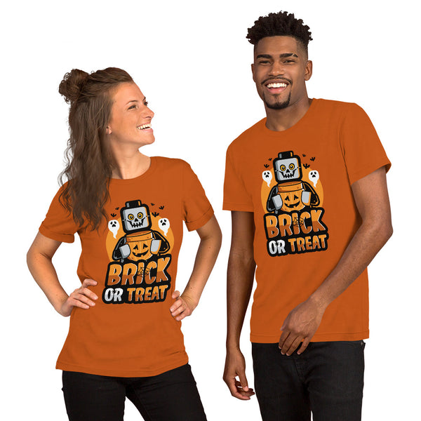 Brick or Treat, Bat, Pumpkin Halloween Brick Minifigure Parts Unisex t-shirt